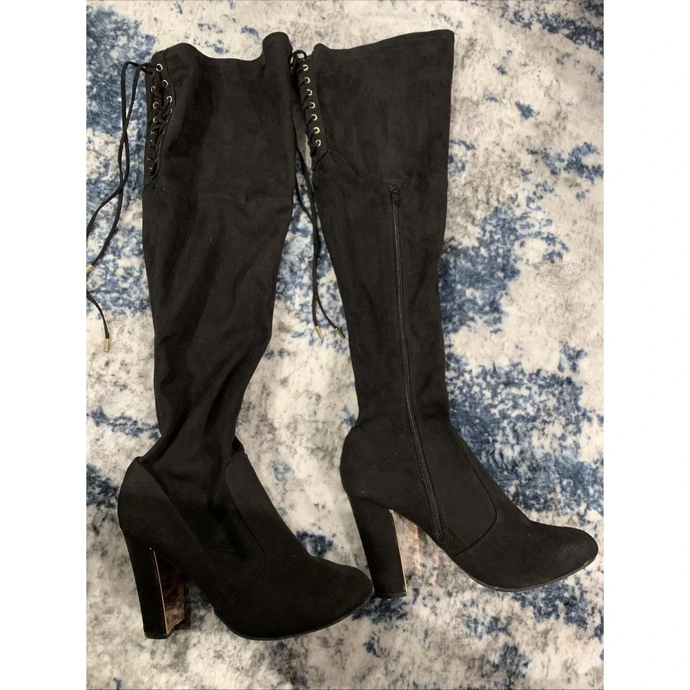 MATERIAL GIRL BLACK FAUX SUEDE OVER THE KNEE TIE BACK ZIPPER BOOTS Size 9 1/2